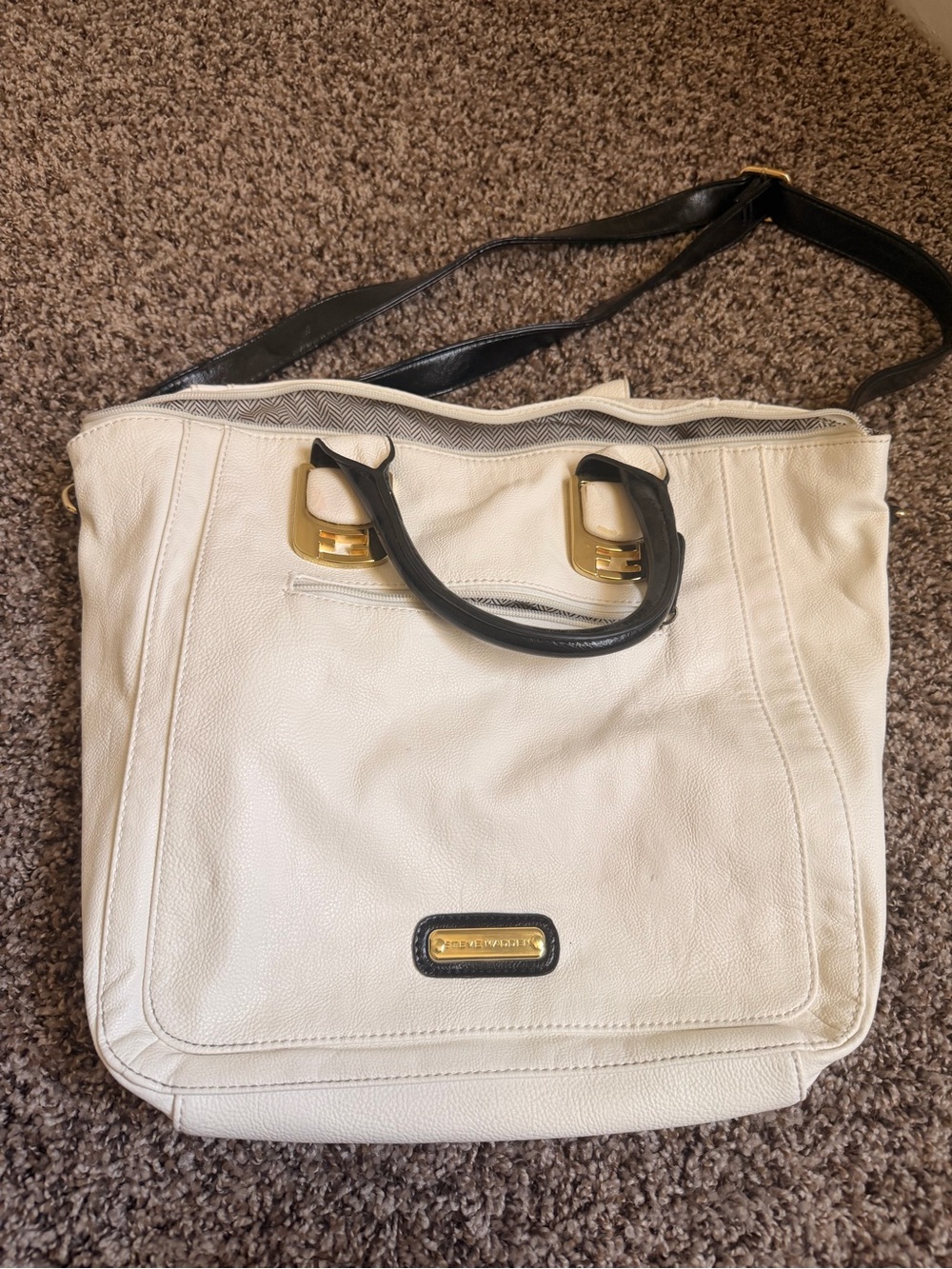 Steve Madden Cream Tote with Black Handles and Gold Hardware